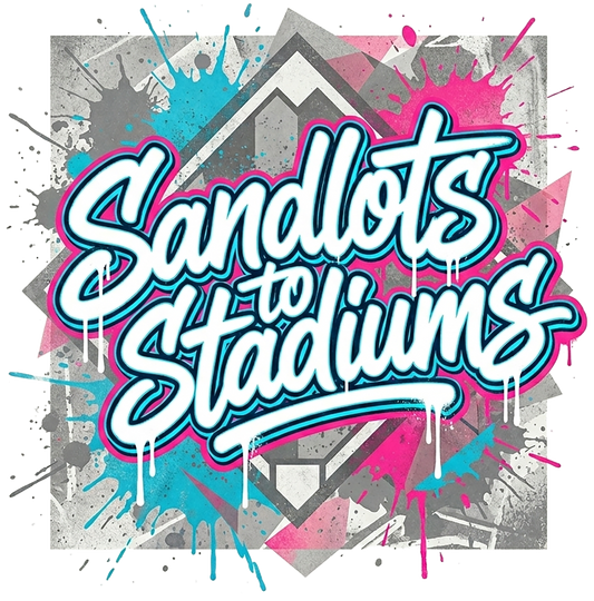Colorful graphic with 'Sandlots to Stadiums' text on a abstract background