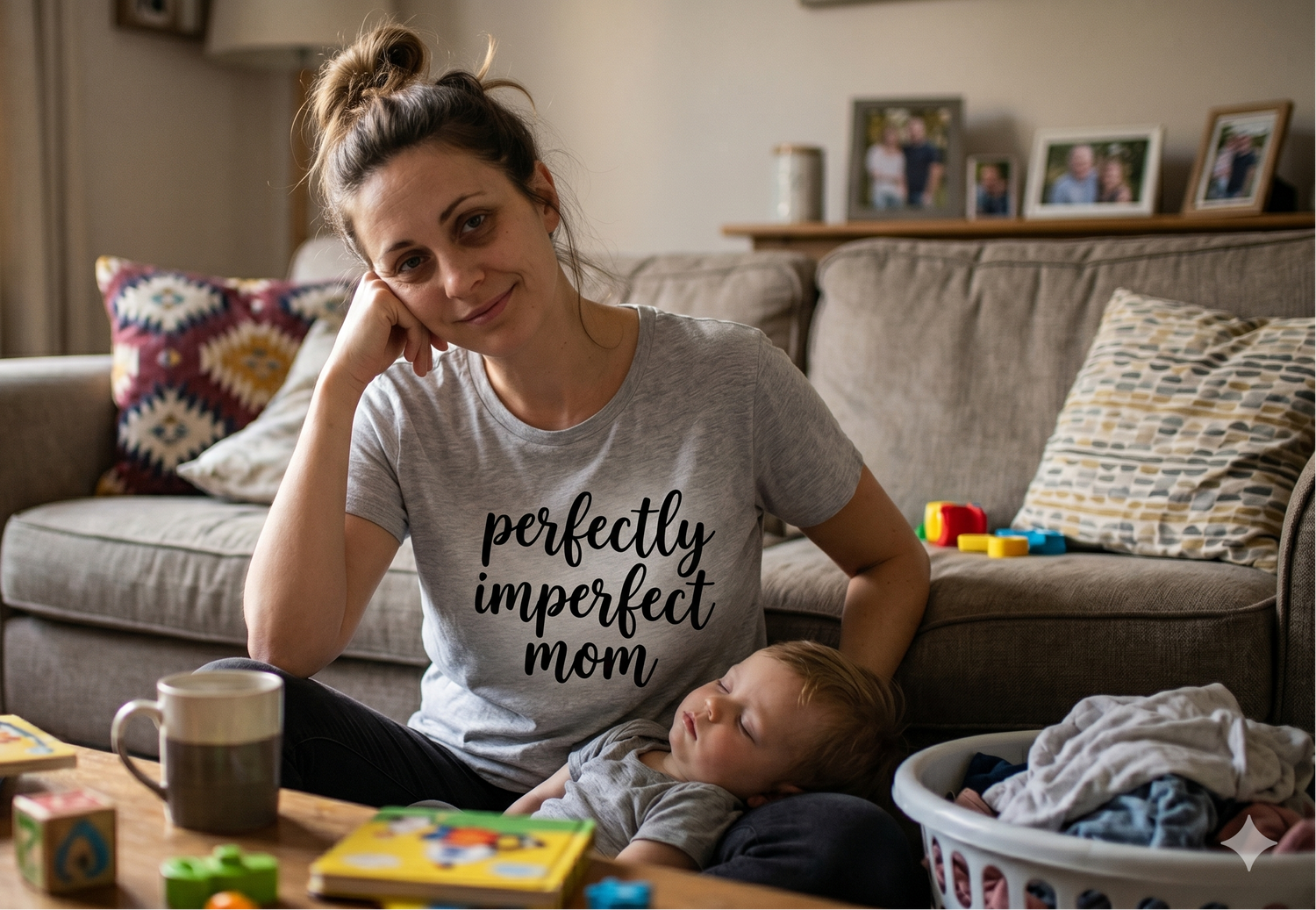 Woman sitting on the floor with a child in a living room, wearing a 'perfectly imperfect mom' shirt.