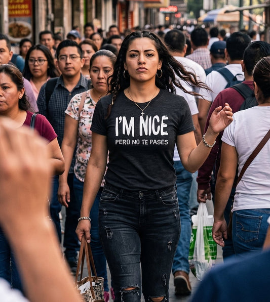 A woman walking down a crowded city street wearing a black graphic T-shirt that reads 'I'M NICE' in white text with 'PERO NO TE PASES' underneath, paired with dark ripped jeans.