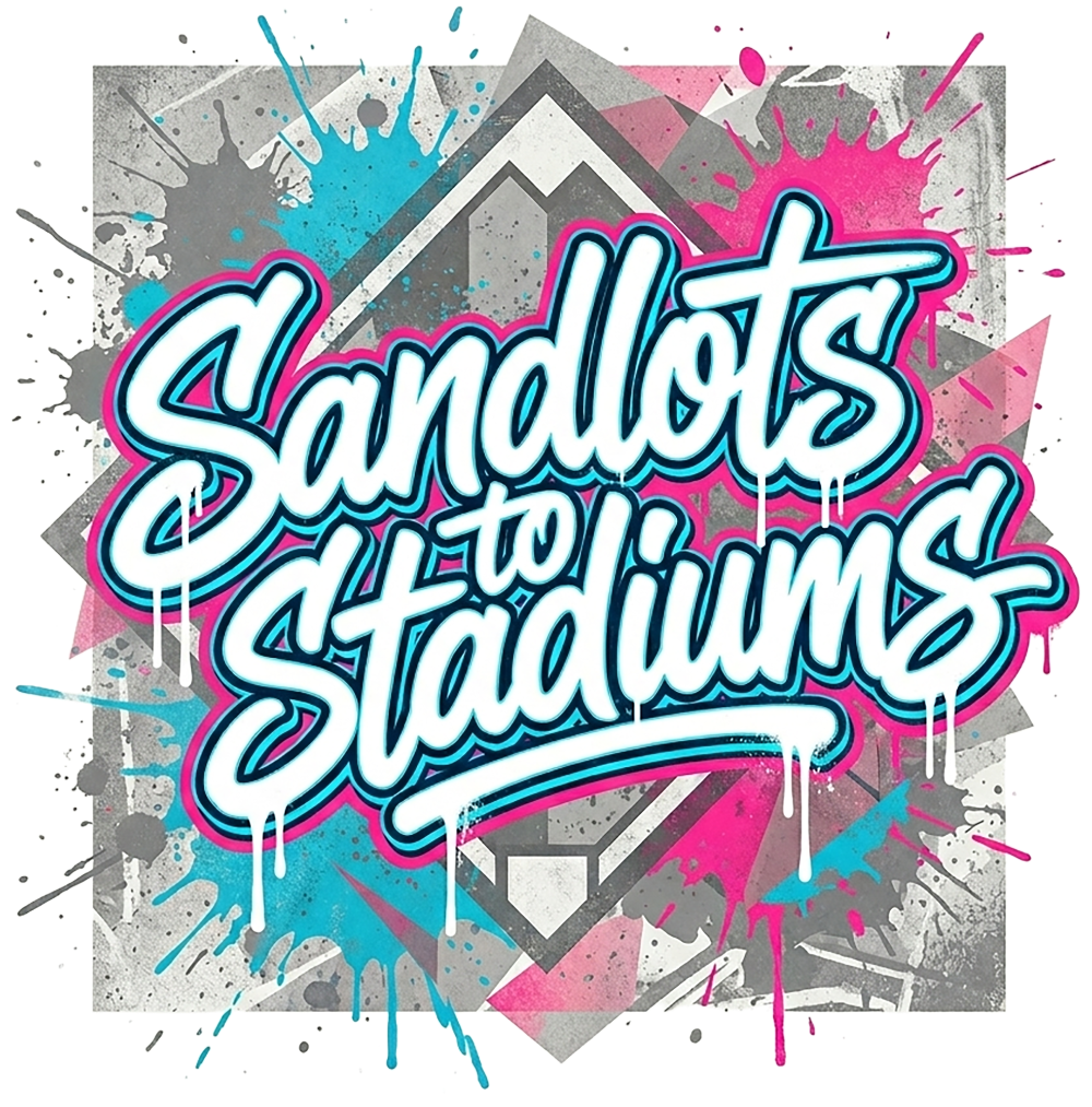 Colorful graphic with 'Sandlots to Stadiums' text on a abstract background