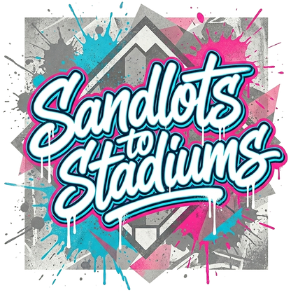 Colorful graphic with 'Sandlots to Stadiums' text on a abstract background